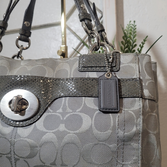 Coach Penelope Grey Signature Logo Carryall Canvas Bag with Embossed Snakeskin - Picture 2 of 14